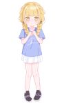  1girl aged_down black_bow black_shoes blonde_hair blue_shirt blush bow braid braided_twintails collarbone commentary_request fujita_kotone full_body gakuen_idolmaster hair_bow hands_up highres idolmaster long_hair looking_at_viewer miniskirt open_mouth pleated_skirt shirt shoes short_sleeves simple_background skirt sneakers solo standing t-shirt takahasi_oso twintails white_background white_skirt yellow_eyes 
