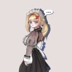  ... 1girl anger_vein annoyed black_dress blonde_hair breasts dress from_side frown girls'_frontline girls'_frontline_2:_exilium green_eyes hair_between_eyes hair_ornament hairclip highres long_hair looking_at_viewer looking_back maid_headdress medium_breasts ponytail sextans_(girls'_frontline_2) solo y_miho 