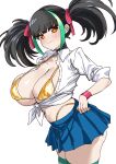  1girl 39ra_works absurdres amesuku_gyaru bikini black_hair blue_skirt breasts cleavage closed_mouth commentary_request gold_bikini green_hair gyaru hair_ribbon highres huge_breasts kogal menoa_(p&amp;d) multicolored_hair open_clothes orange_eyes puzzle_&amp;_dragons ribbon school_uniform shirt skirt solo standing streaked_hair swimsuit thick_thighs thighs tied_shirt twintails two-tone_hair white_shirt 