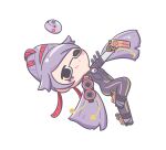  1girl :3 absurdres alternate_costume ankle_gun bayonetta bayonetta_(cosplay) bayonetta_(series) beehive_hairdo bespectacled bishamonten's_pagoda blush_stickers cosplay dual_wielding glasses hair_ribbon hair_up highres holding hololive hololive_english koseki_bijou lipstick_mark long_hair looking_at_viewer mpien one_eye_closed pebble purple_hair ribbon solo virtual_youtuber 