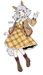  1girl absurdres animal_ears blush boots bow brown_boots brown_cardigan brown_eyes brown_socks cardigan dress ear_covers full_body grey_hair hair_ornament hairclip highres hishi_miracle_(happy_little_notes)_(umamusume) hishi_miracle_(umamusume) horse_ears horse_girl horse_tail long_sleeves looking_at_viewer low_twintails open_cardigan open_clothes open_mouth plaid_clothes plaid_dress saramiao-chan simple_background smile socks solo tail twintails umamusume w white_background white_bow yellow_dress 