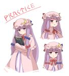  1girl blue_bow blush book bow bowtie capelet commentary_request crescent crescent_hat_ornament dress hair_bow hat hat_ornament haya_s2 highres holding holding_book looking_at_viewer mob_cap multiple_hair_bows multiple_views open_mouth patchouli_knowledge pink_capelet pink_dress pink_hat purple_eyes purple_hair red_bow red_bowtie simple_background striped_clothes striped_dress sweatdrop touhou vertical-striped_clothes vertical-striped_dress white_background 