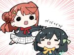 2girls :d =_= absurdres black_hair black_jacket blush bow braid bun_with_braided_base chibi chibi_only closed_eyes emphasis_lines fang green_bow hair_bow hair_bun hair_ornament hairclip headpat highres jacket love_live! love_live!_nijigasaki_high_school_idol_club medium_hair mifune_shioriko miniskirt multiple_girls neck_ribbon nijigasaki_school_uniform oofushi_ao open_mouth orange_hair parallel_hairclips pleated_skirt red_ribbon ribbon school_uniform simple_background single_side_bun skirt smile solid_circle_eyes translation_request trembling uehara_ayumu v-shaped_eyebrows white_background white_skirt winter_uniform yellow_ribbon 