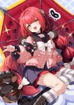  1girl absurdres ahoge black_boots black_choker black_sailor_collar black_skirt boots braid braided_twintails cardigan chest_bow choker green_eyes hearing_aid highres long_hair loose_thighhigh mesugaki ntmy4332 pink_cardigan pink_shirt red_bandage red_hair red_umbrella sailor_collar shirt sitting skirt smile socks solo striped_clothes striped_socks tanuki ukinami_yuzuha umbrella zenless_zone_zero 