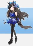  1girl absurdres adapted_costume animal_ears bare_shoulders black_gloves black_pantyhose blue_bow blue_dress blush bow breasts brown_hair closed_mouth commentary_request daiichi_ruby_(flowing_blue)_(umamusume) daiichi_ruby_(umamusume) dress drill_hair ear_bow elbow_gloves full_body gloves gold_collar hair_ornament highres horse_ears horse_girl ice_skates long_hair looking_at_viewer official_alternate_costume official_alternate_hairstyle pantyhose purple_eyes saramiao-chan side_drill skates sleeveless sleeveless_dress small_breasts solo tail umamusume 