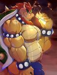 absurd_res anthro beard big_muscles big_pecs bowser breasts cloud dark electricity facial_hair fire hair hi_res huge_muscles huge_pecs koopa lightning male mario_bros muscular nintendo pecs power red_beard red_facial_hair scalie sea_pupper shell side_boob side_eye_at_viewer solo storm