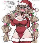  !? 1girl @_@ bell belt belt_buckle breasts bridal_gauntlets broken_heart brown_belt brown_hair buckle choker christmas christmas_ornaments cleavage commentary covered_navel cowboy_shot curvy dokidomiki embarrassed english_commentary english_text fingernails flying_sweatdrops fur-trimmed_headwear fur-trimmed_leotard fur-trimmed_thighhighs fur_trim hair_between_eyes hair_ornament hand_on_own_chest hat hat_ornament heart highres large_breasts leotard long_hair looking_down messy_hair miki_(dokidomiki) mole mole_on_breast nail_polish neck_bell open_mouth original pink_eyes pink_nails red_bridal_gauntlets red_choker red_hat red_leotard red_ribbon red_thighhighs ribbon ribbon_choker santa_costume santa_hat santa_leotard simple_background solo star_(symbol) star_hat_ornament talking thick_thighs thighhighs thighs very_long_hair white_background wide-eyed x_hair_ornament 