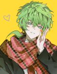  1boy absurdres animal_collar black_jacket blush_stickers bright_pupils chinese_commentary collar commentary_request green_eyes green_hair grin hair_between_eyes heart highres jacket kimi_ga_shine looking_at_viewer low_ponytail lu_di_li_dianbo_tongxin midori_(kimi_ga_shine) polka_dot polka_dot_scarf ponytail portrait red_scarf scarf short_hair simple_background single_blush_sticker smile solo unmoving_pattern yellow_background 