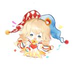  1girl all-night_party_(infinity_nikki) argyle_clothes argyle_hat bare_shoulders blonde_hair blue_eyes blue_hat bow bowtie chibi chinese_commentary clown commentary_request confetti cropped_legs detached_sleeves dress fengmi_youzi_hua frilled_dress frilled_sleeves frills hair_between_eyes happy hat hat_ornament highres infinity_nikki jester_cap light_blush long_hair long_sleeves low_twintails multicolored_hat neck_ruff nikki_(series) notice_lines open_mouth outstretched_arm pom_pom_(clothes) puffy_long_sleeves puffy_sleeves red_hat short_dress simple_background sleeveless sleeveless_dress sleeves_past_wrists smile solid_oval_eyes solo sparkle split-color_clothes teeth thighhighs twintails upper_teeth_only vertical-striped_sleeves white_background white_dress white_hat white_sleeves white_thighhighs yellow_bow yellow_bowtie 