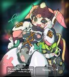  2girls aqua_eyes aria_(zenless_zone_zero) bandaid bandaid_on_cheek bandaid_on_face bandaid_on_pussy bandaids_on_nipples black_sclera bow breasts colored_sclera covered_nipples cowboy_shot dialogue_box earrings embarrassed english_commentary english_text gold_earrings green_bow green_hair highres humanoid_robot jewelry joints mechanical_ears medium_breasts metal_hair metal_skin multiple_girls open_mouth pasties pink_hair pink_thighhighs pizzacat_(tropios) robot robot_ears robot_girl robot_joints short_hair short_twintails single_thighhigh smile standing thighhighs twintails vesper_(zenless_zone_zero) wide_hips zenless_zone_zero 