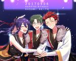  akatsuki_(ensemble_stars!) bandages bare_shoulders ensemble_stars! fur_trim glasses green_hair group_hug happy_birthday hasumi_keito highres hug japanese_clothes kanzaki_souma kiryuu_kurou long_hair male_focus multicolored_hair multiple_boys ponytail purple_hair red_hair short_hair smile sword weapon 