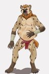  abdominal_bulge anthro clothing cum ear_piercing gnoll hyena licking licking_lips loincloth looking_at_viewer male mammal penis piercing post_vore saliva scar simple_background strega tongue tongue_out vore 