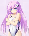 artist_name blue_eyes blush breasts choujigen_game_neptune collarbone competition_swimsuit covered_navel covering covering_breasts cowboy_shot crossed_arms d-pad embarrassed hair_ornament highres keenh long_hair looking_at_viewer medium_breasts nepgear neptune_(series) new_school_swimsuit one-piece_swimsuit purple_hair purple_sister school_swimsuit shin_jigen_game_neptune_vii solo swimsuit white_swimsuit 