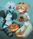  2girls :3 absurdres art_trade black_thighhighs blush borrowed_character breasts closed_mouth colored_tongue fang green_hair green_thighhighs green_tongue grey_eyes grey_hair hair_intakes hair_ornament highres index_finger_raised jack-o'-lantern medium_breasts medium_hair multicolored_hair multicolored_thighhighs multiple_girls mummy_costume navel open_mouth orange_hair original parasoru_buruu red_hair skin_fang skull_hair_ornament smile striped_clothes striped_thighhighs thighhighs torn_clothes torn_thighhighs two-tone_hair two-tone_thighhighs 
