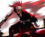  1boy abarai_renji belt black_kimono bleach chest_tattoo commentary cowboy_shot fighting_stance frown headband highres holding holding_sword holding_weapon japanese_clothes kimono kurovibes long_hair male_focus pectorals ponytail red_hair shihakusho solo striped_headband sword tattoo weapon white_background white_belt 