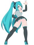  1girl aqua_eyes aqua_hair aqua_nails ass back black_skirt black_sleeves boots detached_sleeves grey_shirt hand_on_own_hip hatsune_miku headphones headset highres looking_at_viewer looking_back monster_l_(hochihochiha) panties shirt skirt sleeveless sleeveless_shirt striped_clothes striped_panties thigh_boots thighs twintails underwear vocaloid white_background 