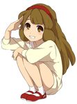  bare_legs blush brown_eyes brown_hair commentary_request full_body hairband inazuma_eleven_go_chrono_stone leg_hug long_hair long_sleeves looking_at_viewer mary_janes nanobana_kinako red_footwear red_hairband salute sekina shoes simple_background smile socks solo squatting sweater white_background white_legwear white_sweater 