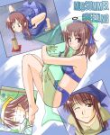  1girl bad_id barefoot bikini bikini_shorts blue_bikini blue_bow blue_headscarf blue_kimono blue_pants blue_sash blue_shorts bow breasts brown_eyes brown_hair chibi closed_mouth electric_fan english_text from_side gift_art hair_bow headscarf holding inflatable_dolphin inflatable_toy japanese_clothes kakitsubata_(ashi_ga_chi_ni_tsukanai) kimono kneeling leaning_forward long_hair looking_at_object looking_at_viewer looking_to_the_side medium_breasts micro_shorts multiple_views obi one_eye_closed original pants ponytail raised_eyebrow sandals sash second-party_source shirt shochuumimai shorts sidelocks signature sleeves_rolled_up smile swimsuit wind_chime yellow_shirt yukata 