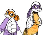  2017 anthro backless_shirt bandanna blue_eyes clothed clothing crossed_arms donatello_(tmnt) duo freckles furgonomics inkyfrog looking_at_viewer male mask michelangelo_(tmnt) partially_colored rear_view red_eyes reptile scalie shell simple_background smile teenage_mutant_ninja_turtles turtle white_background 