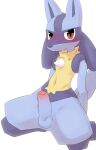 2021 anthro balls biped blue_balls blue_body blue_fur blue_penis blue_tail blush blush_lines canid canine chest_spike digital_drawing_(artwork) digital_media_(artwork) erection facial_markings foreskin fur generation_4_pokemon genitals glans glistening glistening_eyes grey_inner_ear grey_markings head_markings humanoid_genitalia humanoid_penis kneeling looking_at_viewer lucario male male_anthro mammal markings mouth_closed multicolored_body multicolored_fur multicolored_penis navel neck_tuft nintendo nude nude_anthro nude_male partially_retracted_foreskin penis pink_glans pink_penis pointy_ears pokemon pokemon_(species) prick_ears pu_sukebe red_eyes simple_background solo spikes spikes_(anatomy) tail tuft two_tone_penis white_background yellow_body yellow_fur