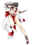  black_hair bracer breasts cai-man cleavage fan fatal_fury grey_eyes hair_ribbon high_ponytail highres holding holding_fan japanese_clothes kimono large_breasts leaning_forward legs long_hair long_legs looking_at_viewer looking_to_the_side paper_fan ribbon shiranui_mai simple_background snk socks solo the_king_of_fighters thighs white_background white_ribbon 