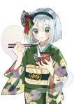  1girl alternate_costume black_hairband blue_eyes blush bowl chopsticks commentary_request eating floral_print food green_kimono grey_hair hairband hitodama holding holding_bowl holding_chopsticks japanese_clothes kimono konpaku_youmu konpaku_youmu_(ghost) long_sleeves mochi mochi_trail obiage obijime print_kimono sash simple_background solo tamagogayu1998 touhou white_background wide_sleeves yellow_sash zouni_soup 