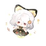  1girl :3 apple_hair_ornament apple_print bare_arms bare_shoulders black_bow black_bowtie black_shoes black_skirt blouse bow bowtie chibi chinese_commentary closed_mouth colored_shadow commentary_request fengmi_youzi_hua food-themed_hair_ornament food_print frilled_shirt frills fruit_print fruity_wish_(infinity_nikki) hair_bow hair_ornament hairclip happy head_tilt high-waist_skirt highres infinity_nikki light_blush light_particles long_skirt medium_hair nikki_(series) notice_lines pink_eyes polka_dot polka_dot_bow print_skirt shadow shirt shoes simple_background skirt sleeveless sleeveless_shirt smile solid_oval_eyes solo standing star_(symbol) white_background white_hair white_shirt yellow_bow 