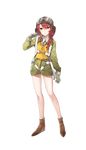  aviator_cap brown_footwear cherry_bond drill_hair formation_girls full_body gloves goggles goggles_on_headwear highres kazune_(baumkuchen) looking_at_viewer necktie official_art red_hair shoes solo transparent_background vest wedge_heels yellow_eyes yellow_vest 