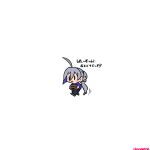  1girl ahoge black_pants blue_jacket box chibi commentary_request grey_hair highres jacket kantai_collection kiyoshimo_(kancolle) low_twintails negative_space pants radical_bullet running solid_oval_eyes solo translation_request twintails 
