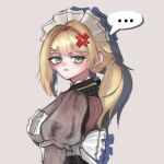  ... 1girl anger_vein annoyed black_dress blonde_hair breasts dress from_side frown girls'_frontline girls'_frontline_2:_exilium green_eyes hair_between_eyes hair_ornament hairclip long_hair looking_at_viewer looking_back maid_headdress medium_breasts ponytail sextans_(girls'_frontline_2) solo upper_body y_miho 