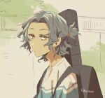  1boy brown_eyes commentary_request contemporary expressionless fate/grand_order fate_(series) grey_hair instrument_case instrument_case_on_back kokujin_youhei looking_at_viewer male_focus outdoors ponytail saitou_hajime_(fate) shirt short_ponytail solo twitter_username upper_body 