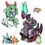  blue_skin charizard chikorita colored_sclera colored_skin crossed_legs drill_hair green_hair green_skin gyarados horns kirlia long_hair mega_scolipede multicolored_skin orange_skin pink_eyes pokemon pokemon_(creature) scolipede simple_background stunfisk tirarizun twin_drills two-tone_skin white_background white_skin yellow_sclera 