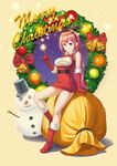  bell belt blue_eyes boots breasts bucket c-eye christmas cleavage cleavage_cutout flower full_body gloves hairband highres index_finger_raised large_breasts looking_at_viewer merry_christmas ornament pink_hair poinsettia red_footwear red_gloves sack santa_gloves sitting snowflakes snowman solo wreath 