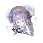  1girl adjusting_hair apron black_dress blue_capelet blue_flower blunt_bangs blunt_ends braid capelet chibi chinese_commentary commentary_request country_lolita cropped_legs curled_horns dress fengmi_youzi_hua floral_print flower frilled_sleeves frills fringe_trim grey_headscarf grey_horns hair_flower hair_intakes hair_ornament happy headscarf highres horns horns_through_headwear infinity_nikki light_blush lolita_fashion long_hair long_sleeves loose_hair_strand low_twin_braids nikki_(series) open_mouth pastoral_dance_(infinity_nikki) print_capelet purple_apron purple_eyes purple_hair simple_background sleeves_past_wrists smile solid_oval_eyes solo translucent_horns twin_braids very_long_hair waist_apron 