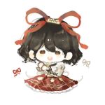  1girl argyle_clothes argyle_skirt back_ribbon black_bow black_bowtie black_hair bow bowtie brown_eyes capelet chibi chinese_commentary collared_capelet commentary_request cropped_legs cross-laced_clothes cross-laced_sleeves fengmi_youzi_hua frilled_capelet frilled_skirt frilled_sleeves frills grey_shirt hair_between_eyes hair_ribbon happy heartfelt_melody_(infinity_nikki) high-waist_skirt high_collar highres infinity_nikki juliet_sleeves light_blush long_sleeves nikki_(series) open_mouth own_hands_together pleated_skirt puffy_sleeves red_ribbon red_skirt ribbon shirt short_hair simple_background skirt sleeve_bow sleeves_past_wrists smile solid_oval_eyes solo teeth upper_teeth_only wavy_hair white_background white_capelet white_ribbon 