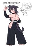 absurd_res animal_humanoid cat_humanoid clothed clothing dress duo felid felid_humanoid feline feline_humanoid female hi_res human humanoid japversus looking_back male mammal mammal_humanoid married_couple no_bra no_underwear ounce_(japversus) tail text thought_bubble wiss_(japversus)