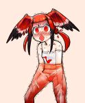  1girl black_hair blush breasts camisole commentary_request constricted_pupils embarrassed hand_under_clothes hands_on_own_legs head_wings highres hondadadadatsu kemono_friends legs_apart long_hair looking_at_viewer multicolored_hair no_tail nose_blush open_mouth panties pantyhose red_eyes red_hair red_pantyhose scarlet_ibis_(kemono_friends) see-through_clothes see-through_pantyhose simple_background small_breasts solo spaghetti_strap standing strap_slip sweat tearing_up trembling twintails underwear v-shaped_eyebrows white_camisole wide-eyed wings 