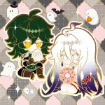  2boys :q absurdly_long_hair ahoge androgynous animal bat_(animal) belt black_boots black_hat black_pants black_shirt black_wings blue_eyes boots brown_background brown_boots brown_gloves cheek_tattoo chinese_commentary closed_mouth commentary commentary_request crossed_bangs demon_wings donut double-parted_bangs earrings food full_body gatling_pea_(plants_vs._zombies) ghost gloves gradient_hair green_hair green_shirt hair_between_eyes hands_up hat highres holding holding_donut holding_food holding_ghost huge_ahoge jewelry knee_boots knee_up kneeling long_hair long_hair_between_eyes long_sidelocks male_focus medium_hair multicolored_hair multiple_boys no_pupils no_sclera outline pants patterned_background personification pink_background plants_vs._zombies plants_vs._zombies_2 purple_hair red_wings shadow_peashooter_(plants_vs._zombies) shirt sidelocks siiiiiiiiiii simple_background single_wing sitting sleeveless sleeveless_shirt sparkle sparkle_background sprinkles tareme tattoo teardrop_earrings tongue tongue_out top_hat trap two-tone_hair two-tone_wings very_long_hair white_belt white_hair white_outline white_pants white_shirt wings yellow_eyes 