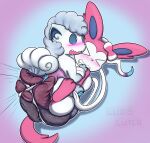 2017 4_tails alolan_form alolan_vulpix ambiguous_gender arms_tied artist_name blue_inner_ear blue_sclera blush blush_lines bodily_fluids bound bow_(anatomy) clothed clothing diaper diaper_only diaper_squish drooling eeveelution eyes_closed fangs feces feral fur generation_6_pokemon generation_7_pokemon gloves_(marking) gradient_background gradient_fur grey_body grey_fur grey_tail heart_eyes heart_symbol hi_res leg_markings legs_tied looking_pleasured ludis-luteo lying markings multi_tail multicolored_body multicolored_fur nintendo on_another on_back on_front open_mouth open_smile pink_body pink_diaper pink_fur pink_tail pokemon pokemon_(species) regional_form_(pokemon) ribbons_(anatomy) saliva simple_background smile snaggle_tooth socks_(marking) soiled_diaper solo sylveon tail teeth text topless unclean_diaper used_diaper wearing_diaper white_body white_fur