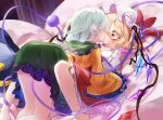  2girls @_@ blush bow breasts calpis118 collarbone commentary crystal crystal_wings flandre_scarlet frills from_behind green_hair green_skirt hat hat_bow highres holding_hands kiss komeiji_koishi long_sleeves looking_at_another mob_cap multiple_girls no_headwear on_bed puffy_sleeves red_bow red_eyes ribbon shirt side_ponytail skirt spread_legs third_eye top-down_bottom-up touhou white_hat wide_sleeves wide_spread_legs wings yellow_shirt yuri 