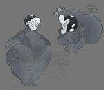 ambiguous_gender anthro awakecore bent_over big_butt biped bottom_heavy bottomless butt butt_tattoo cellulite clothed clothing elemental_creature english_text flora_fauna mario_bros monochrome nintendo organs overweight pattern_clothing pattern_topwear piranha_plant plaid plaid_clothing plaid_topwear plant pubes shirt solo standing stomach tattoo teeth text topwear