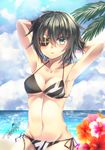  armpits arms_behind_head arms_up bangs bare_arms bare_shoulders bikini black_bikini black_ribbon blue_sky blush breasts cleavage cloud collarbone commentary_request cowboy_shot dated day eyebrows_visible_through_hair eyepatch flower green_eyes green_hair hair_between_eyes hibiscus highres horizon kantai_collection kiso_(kantai_collection) looking_at_viewer medium_breasts navel no_hat no_headwear ocean one_eye_covered outdoors parted_lips ribbon short_hair side-tie_bikini signature sitting sky solo stomach swimsuit tsurime water yuihira_asu 
