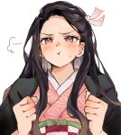  1girl :t annoyed baru_4416 black_hair blush clenched_hands commentary_request hair_ribbon highres japanese_clothes kamado_nezuko kimetsu_no_yaiba kimono long_hair looking_at_viewer pink_eyes pink_kimono pink_ribbon pout ribbon sash simple_background solo upper_body white_background 