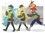  3girls akita_neru alternate_color aqua_hair baguette black_hat black_pants black_shorts black_skirt black_thighhighs blonde_hair bread chikorita closed_mouth commentary_request donut eating food full_body green_jacket hat hatsune_miku jacket kasane_teto long_hair miniskirt multiple_girls nejikyuu pants pleated_skirt pokemon pokemon_(creature) pokemon_legends:_z-a red_eyes red_hair rotom rotom_phone running shiny_pokemon short_shorts shorts skirt smile spring_onion tepig thighhighs totodile triple_baka_(vocaloid) twintails very_long_hair vocaloid walking watermark yellow_eyes 