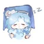  1girl blue_hair blue_hat blue_wrist_cuffs celestial_whispers_(infinity_nikki) chibi chinese_commentary closed_eyes cloud commentary_request crescent crescent_hat_ornament cropped_torso fengmi_youzi_hua frilled_wrist_cuffs frills hat hat_ornament highres holding holding_pillow infinity_nikki light_blush long_hair nightcap nikki_(series) open_mouth pillow simple_background sleeping smile solo triangle_mouth wavy_hair white_background wrist_cuffs zzz 