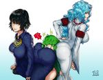  ? ass between_buttocks black_hair blue_background blue_hair breasts commentary dated dress face_in_ass fubuki_(one-punch_man) girl_sandwich gradient gradient_background green_eyes green_hair grin highres huge_ass jewelry large_breasts looking_at_viewer looking_back multiple_girls naughty_face necklace one-punch_man pantylines psychos sandwiched siblings signature sisters smile spoken_question_mark squatting sweat tatsumaki the_golden_smurf thick_thighs thighs white_background wide_hips 
