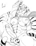 absurd_res accessory anthro armor balls beads big_muscles big_penis big_sword erection facial_hair felid feline genitals hair hair_accessory hair_beads hi_res huge_muscles lai male mammal monochrome muscular mustache nipples pantherine pecs penis relaxed_expression relaxing sea_pupper simple_background sitting sketch solo striped_balls striped_genitalia stripes tail tiger
