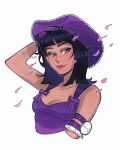  1girl armlet black_eyeshadow black_hair blue_eyes blunt_bangs closed_mouth commentary cowboy_hat eyeshadow falling_petals hand_on_own_hat hat highres jewelry makeup medium_hair nico_robin one_piece one_piece_(live_action) petals pink_petals purple_hat purple_shirt shirt simple_background smile solo upper_body vick-shimmer white_background 