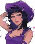  1girl armlet black_eyeshadow black_hair blue_eyes blunt_bangs closed_mouth cowboy_hat eyeshadow falling_petals hand_on_own_hat hat highres jewelry makeup medium_hair nico_robin one_piece one_piece_(live_action) petals pink_petals purple_hat purple_shirt shirt simple_background smile solo upper_body vick-shimmer white_background 