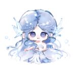  1girl absurdly_long_hair bare_arms bare_shoulders bikini blue_eyes blue_hair blue_skirt bubble chibi chinese_commentary circlet closed_mouth commentary_request fengmi_youzi_hua fins hagoromo hand_on_own_stomach happy head_fins highres infinity_nikki light_blush long_hair long_skirt mermaid_costume nikki_(series) pleated_skirt shawl shell shell_bikini simple_background skirt smile snowy_ballad_(infinity_nikki) solo standing stomach swimsuit very_long_hair wavy_hair white_background white_bikini 